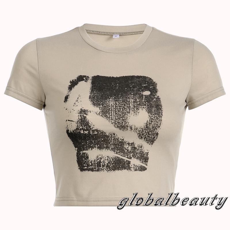 Áo Thun Crop Top Tay Ngắn Cổ Tròn In Họa Tiết Trừu Tượng Thời Trang Mùa Hè Dành Cho Nữ