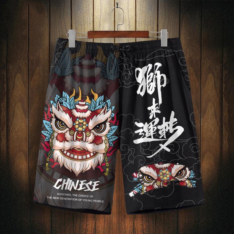 Quần Short Thể Thao Đi Biển Mau Khô In Hình Sư Tử Thời Trang Phong Cách Trung Hoa Cho Nam