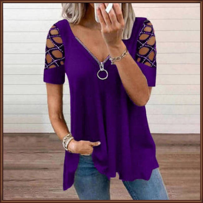 Áo Thun Tay Ngắn Cổ Chữ V Khoét Lỗ Màu Sắc Thời Trang Mùa Hè Cho Nữ