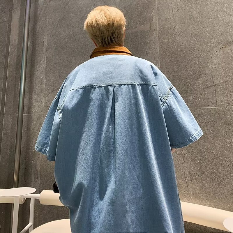 Áo Sơ Mi Denim Tay Ngắn Dáng Rộng Phối Túi Độc Đáo Phong Cách Nhật Bản Thời Trang Cho Nam Và Nữ
