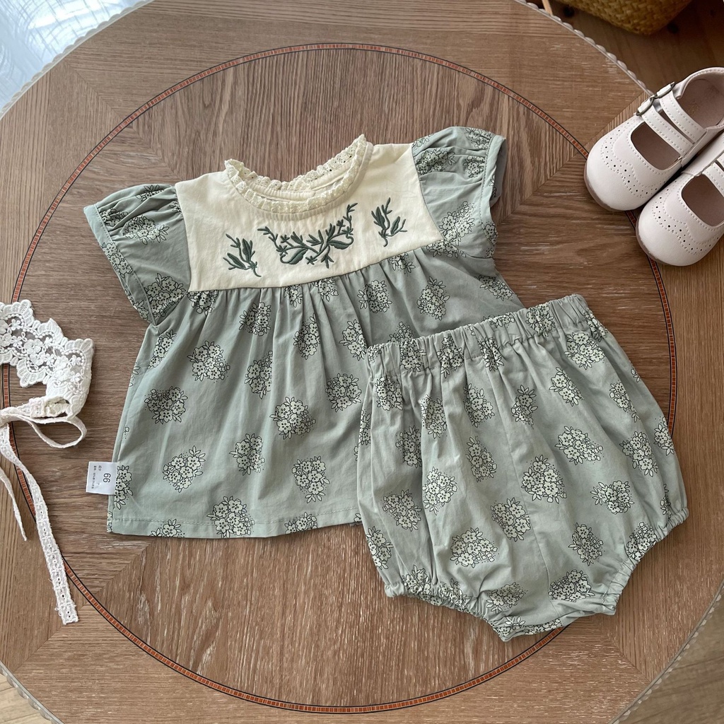 Set Áo Thun Tay Ngắn Thêu Hoa + Quần Short Thời Trang Mùa Hè Cho Bé Gái X8ZZ