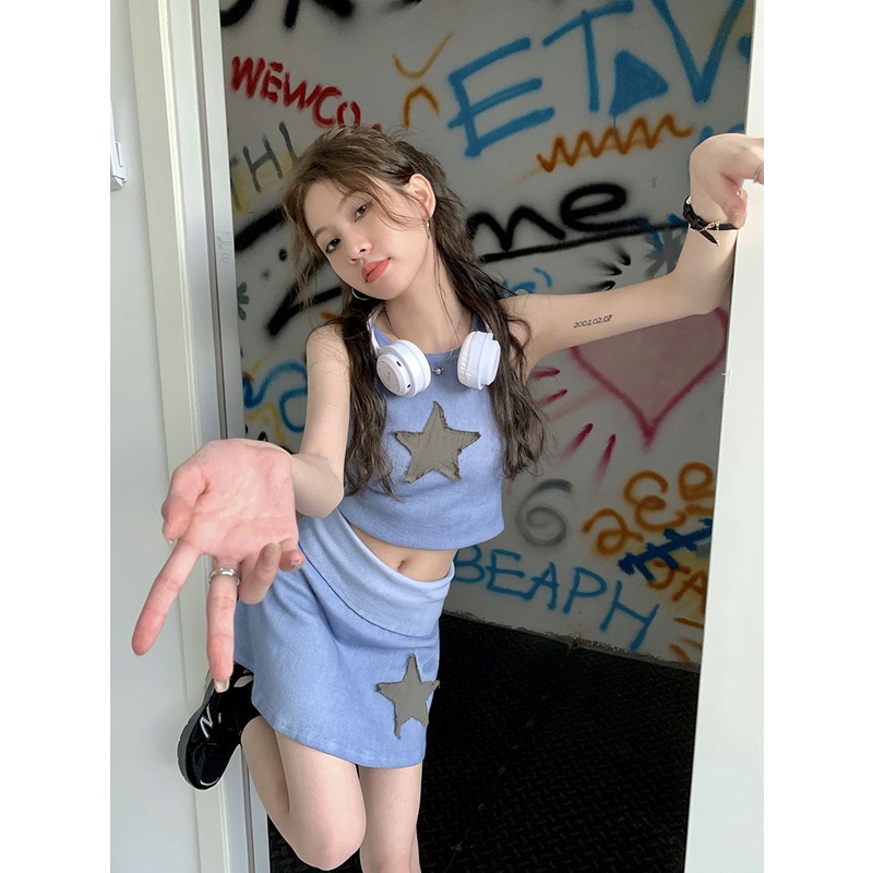 Bộ Áo Thun Không Tay + Chân Váy Ngắn Lưng Cao Thời Trang Mùa Hè Xinh Xắn Cho Nữ Y2K