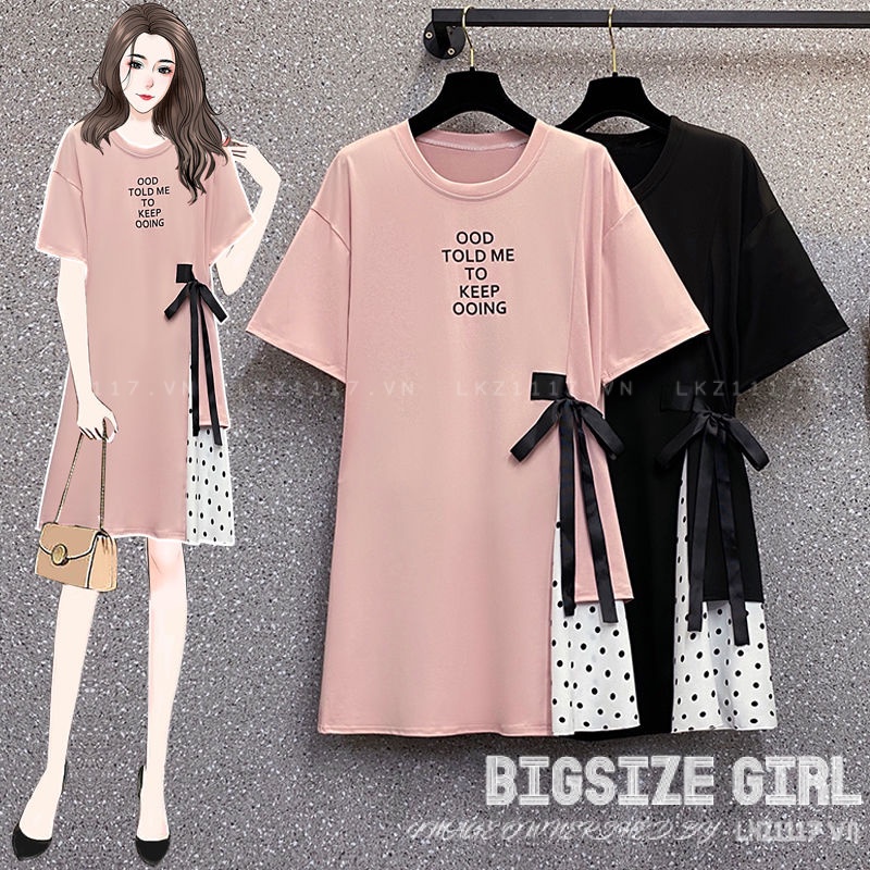 Đầm thun suông Bigsize Váy nữ dáng suông tay ngắn cổ tròn Phối Nơ mùa hè Phong cách Hàn Quốc Thời Trang tiểu thư cá tính xinh đẹp cho người mập béo