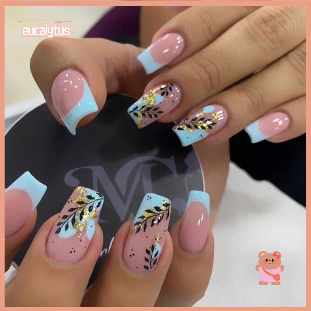 Set 24 Móng Tay Giả Dạ Quang Dạng Nhấn Màu Xanh Lá Kiểu Pháp