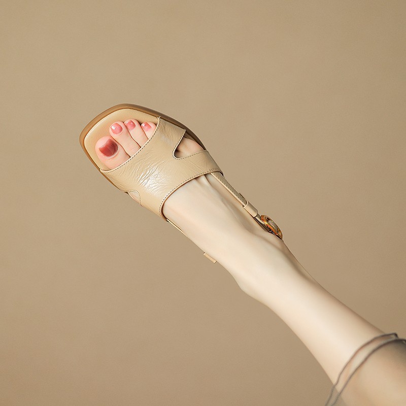 Duoya Tóc Thẳng ~ [Hàng Có Sẵn] Giày Sandal Cao Gót Đế Dày Mũi Vuông Bằng Da Mềm Màu Trắng Phong Cách La Mã Dễ Phối Đồ Mùa Hè Cho Nữ