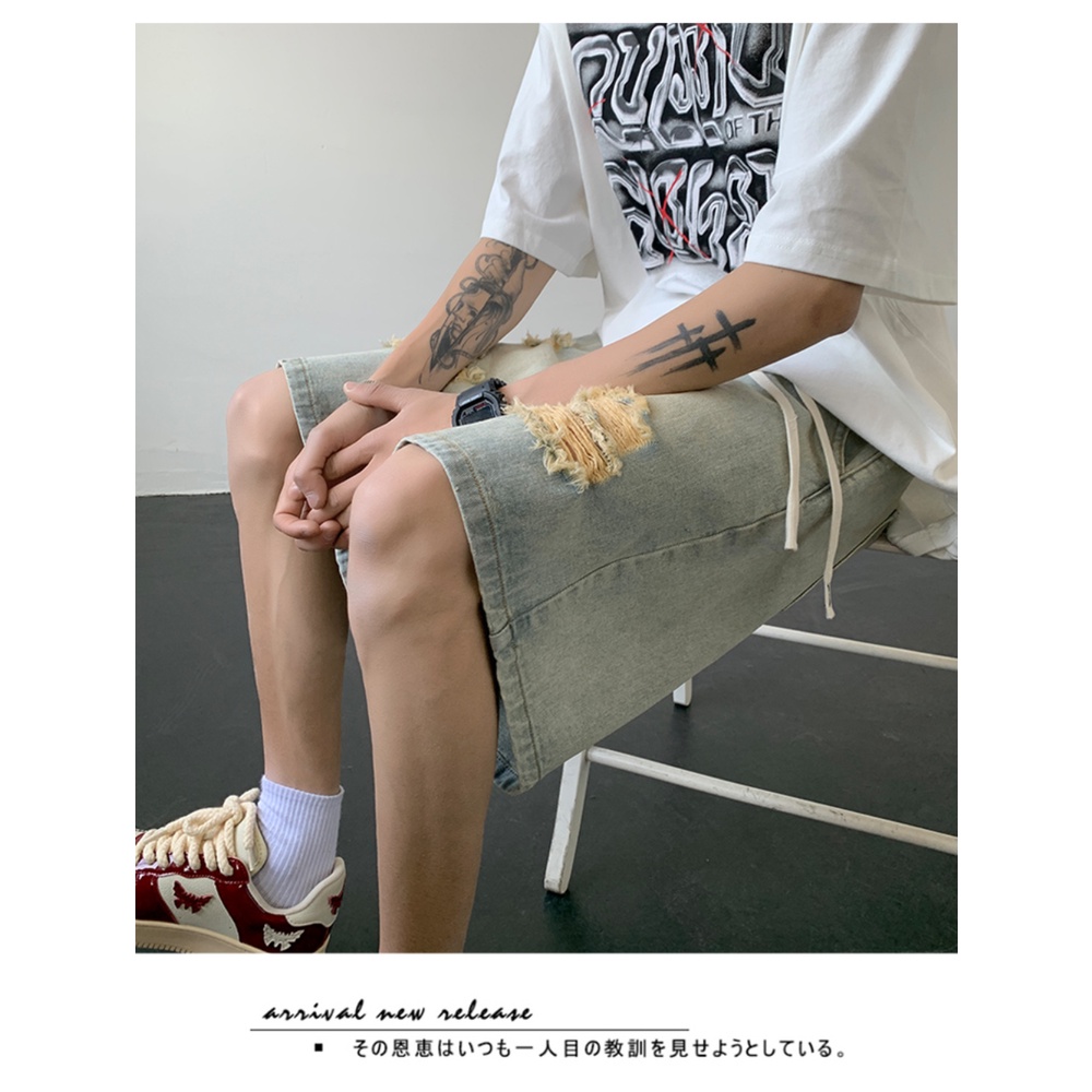 Quần Short Denim Mỏng Dáng Rộng Rách Cá Tính Phong Cách Retro Đường Phố Mỹ Cho Nam