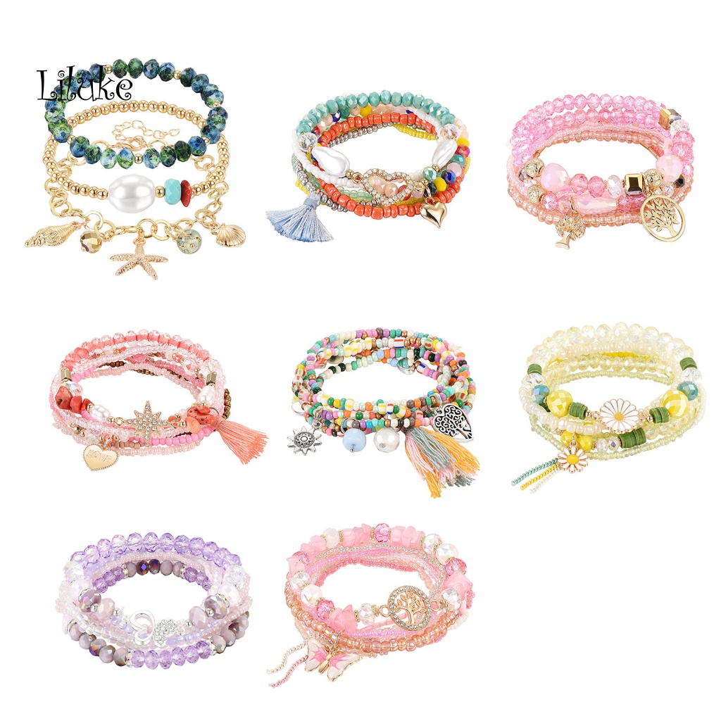 Vòng Tay Hợp Kim Xỏ Hạt Nhiều Lớp Màu Trơn Phong Cách Bohemian