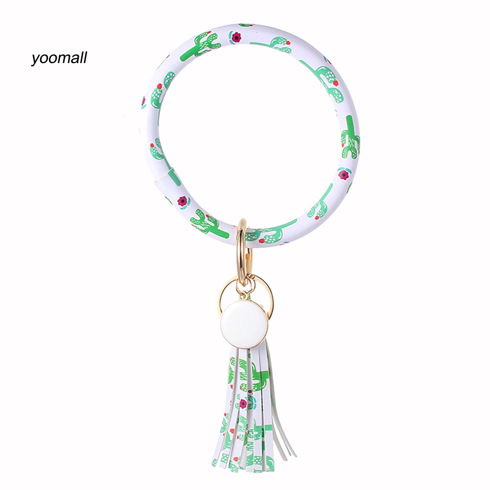 Móc Khóa Dạng Vòng Tròn Phối Tua Rua Bằng Da Giả