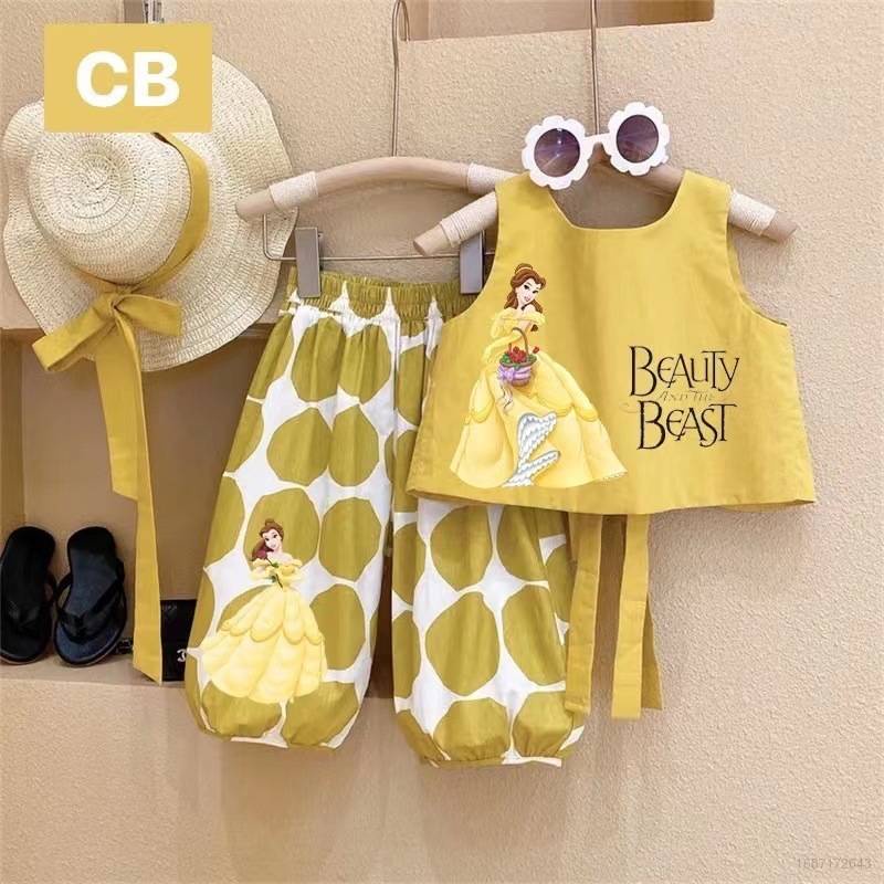 Set Áo Thun Sát Nách Và Quần Short Chấm Bi In Hình Belle Dễ Thương Cho Bé Gái