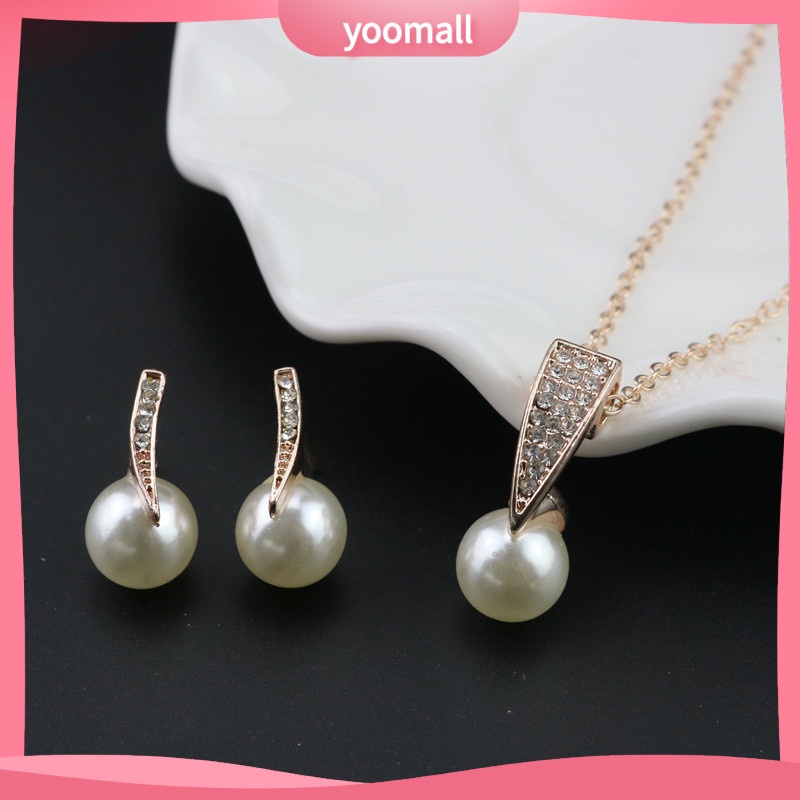 Bộ Vòng cổ + Bông Tai Đính Kim Cương &amp; Ngọc Trai Giả Kiểu Âu Mỹ Cho Nữ