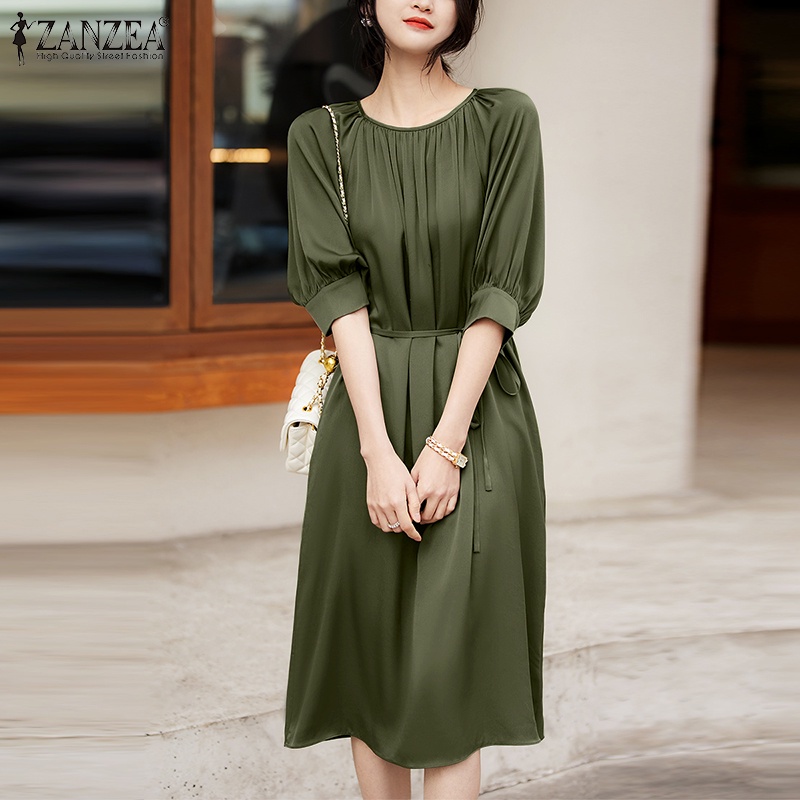 Zanzea Đầm Midi Tay Lửng Cổ Tròn Phong Cách Hàn Quốc Thanh Lịch Dành Cho Nữ