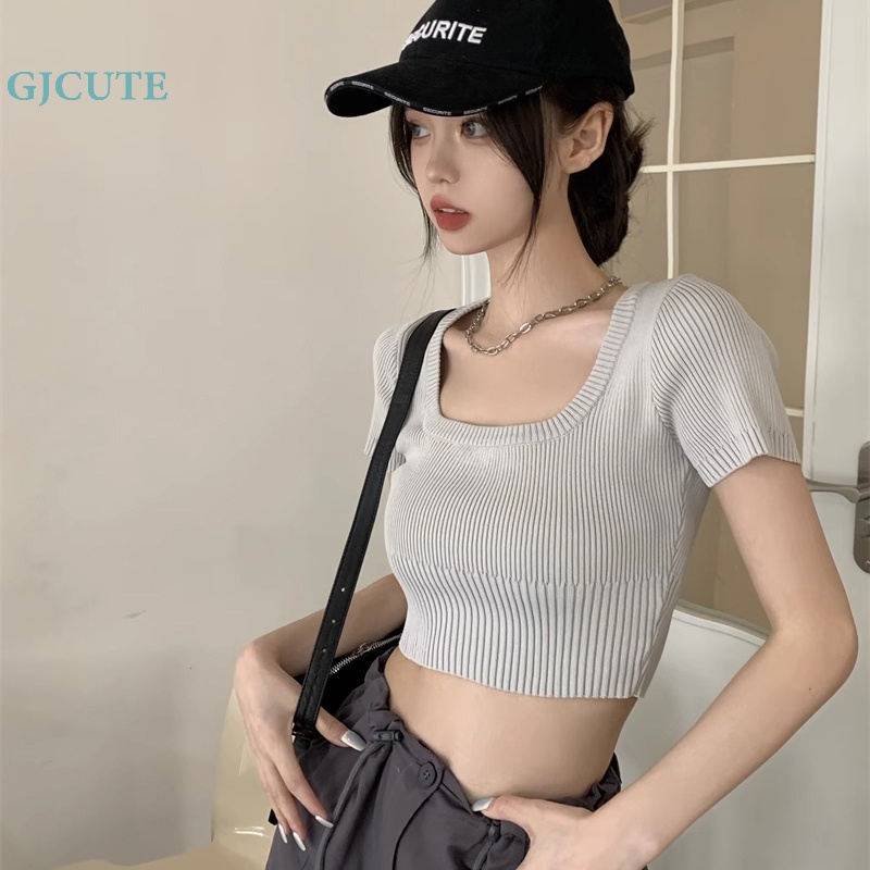 Áo Croptop Dệt Kim Tay Ngắn Cổ Vuông Màu Trơn Thời Trang Mùa Hè Quyến Rũ Cho Nữ