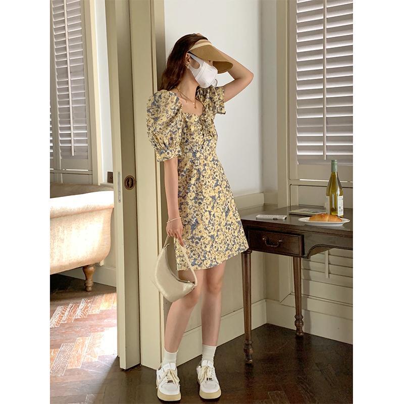 Đầm Hoa Ngắn Tay Cổ Vuông Thời Trang Dành Cho Nữ