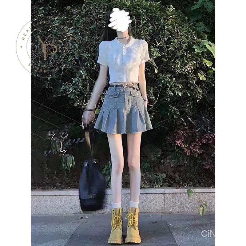 Set Áo Và Chân Váy Denim Phong Cách Hong Kong Ngọt Ngào Cho Nữ
