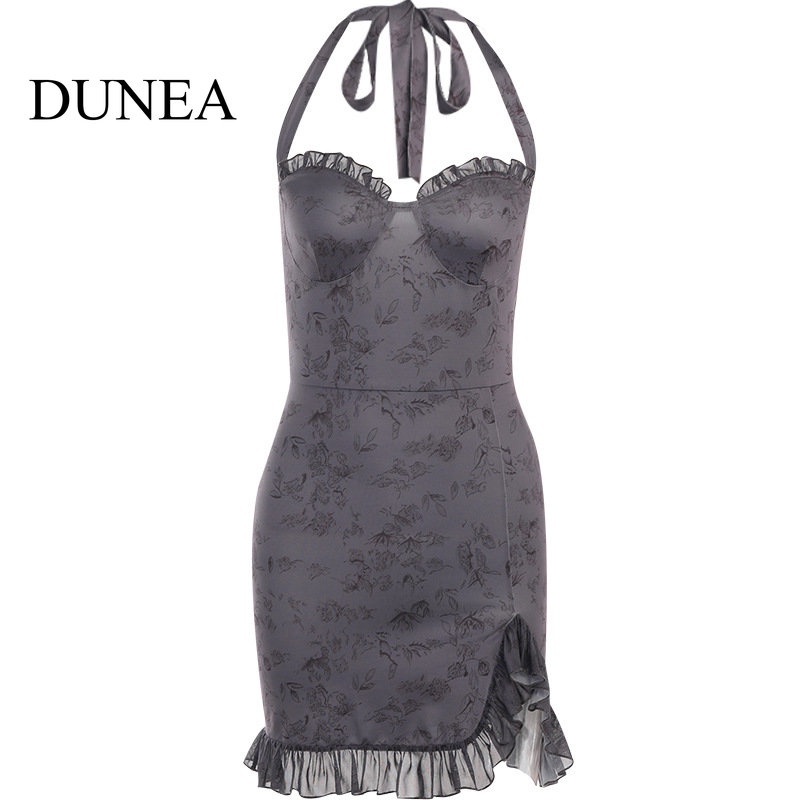 DUNEA Đầm Hai Dây Cổ Khoét Sâu Phối Bèo Xẻ Tà Quyến Rũ Thời Trang Cho Nữ