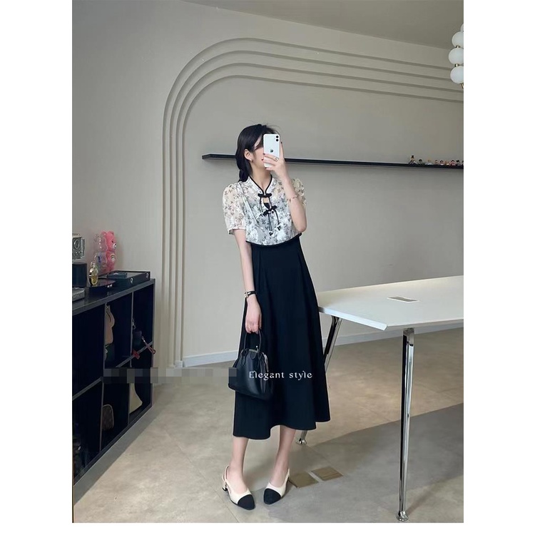 Đầm Hoa Hở Lưng Dáng Dài Phong Cách Trung Hoa Cổ Điển Thời Trang Mùa Hè Quyến Rũ Cho Nữ Đen