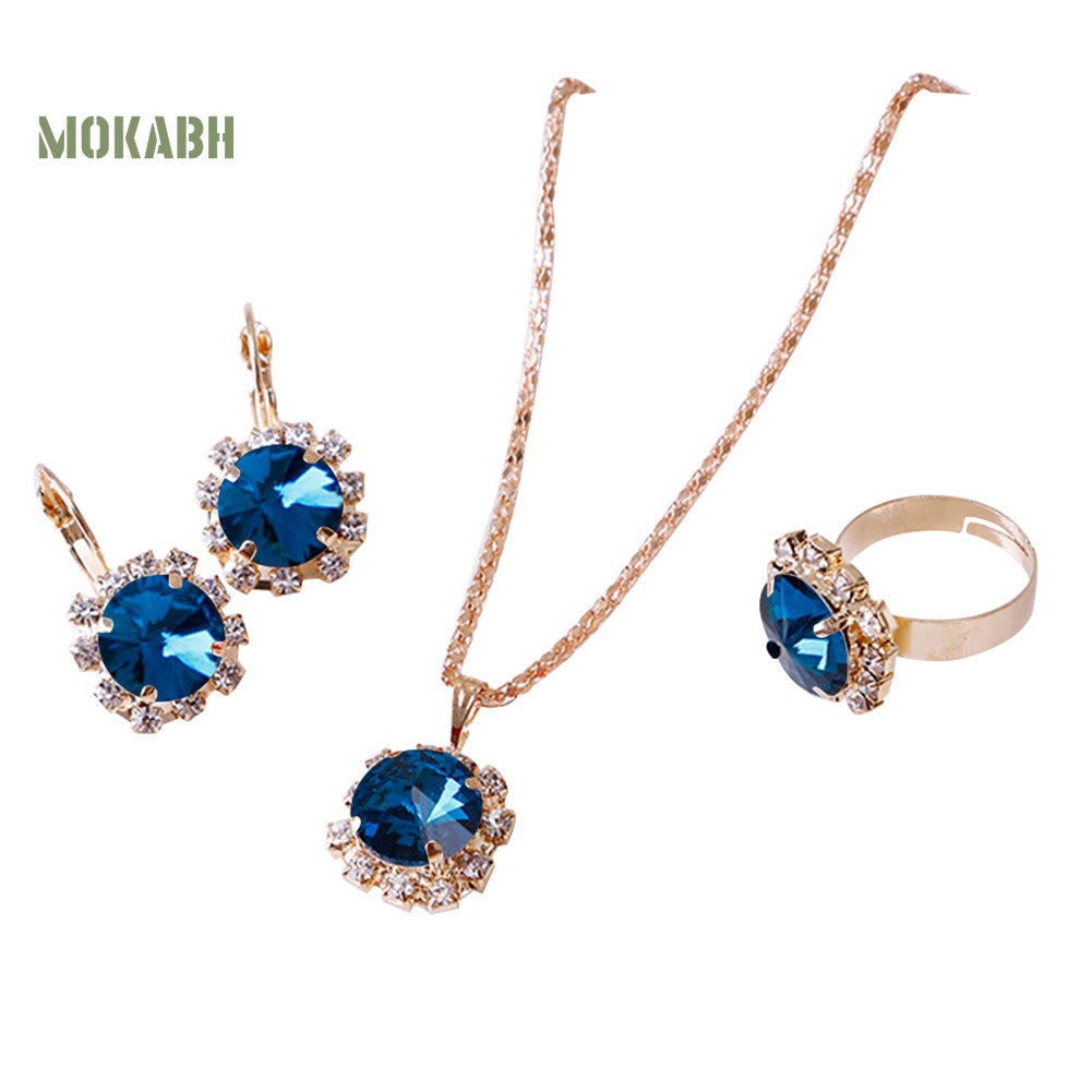 Bộ Vòng cổ + Nhẫn + Bông Tai Hình Tròn Đính Đá Thời Trang Cho Nữ