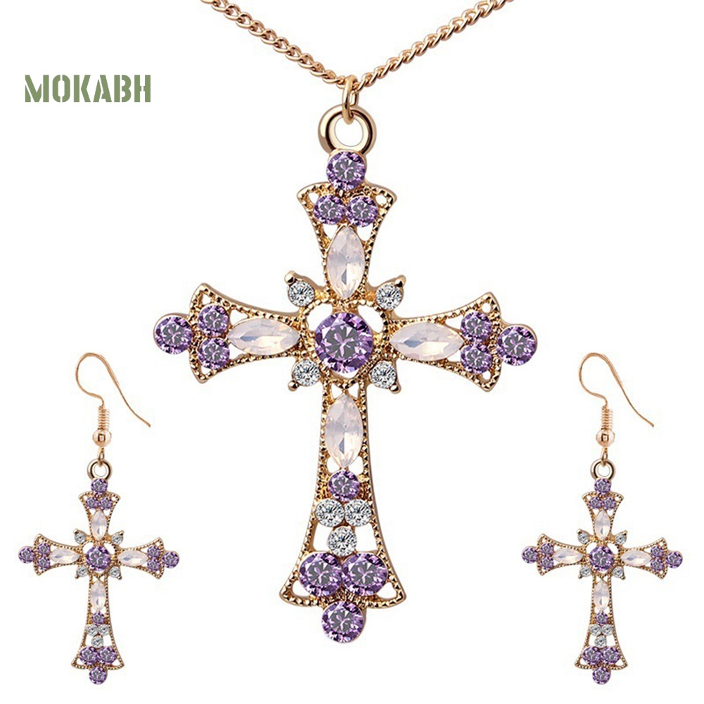 [Mok Abh] Bộ Vòng cổ Và Bông Tai Hình Thánh Giá Có Đính Kim Cương Giả