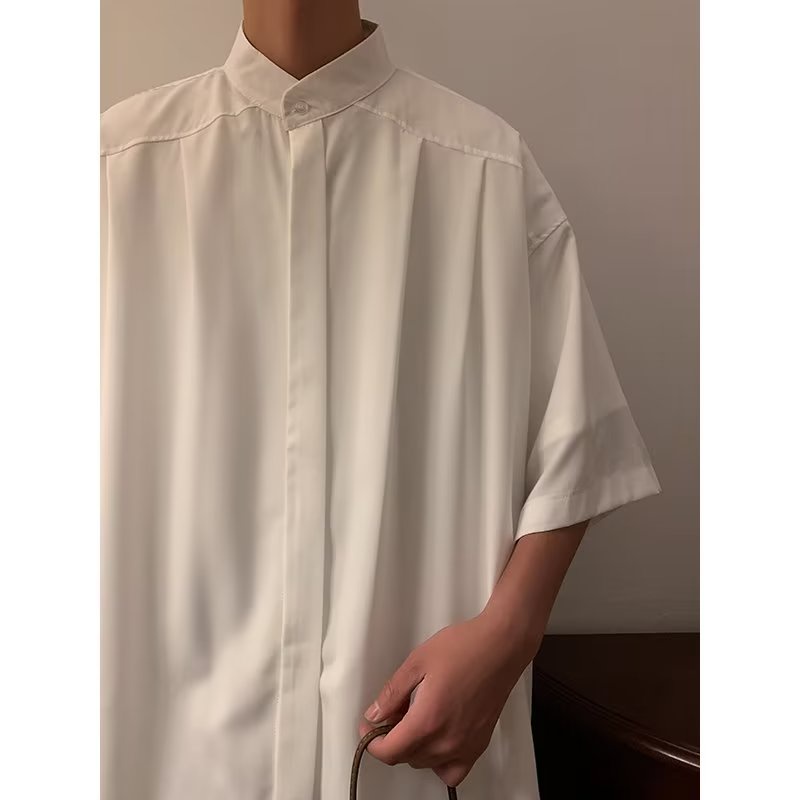 Áo Sơ Mi Lụa Trơn Tay Ngắn Cổ Đứng Phong Cách Hàn Quốc Cho Nam Giới