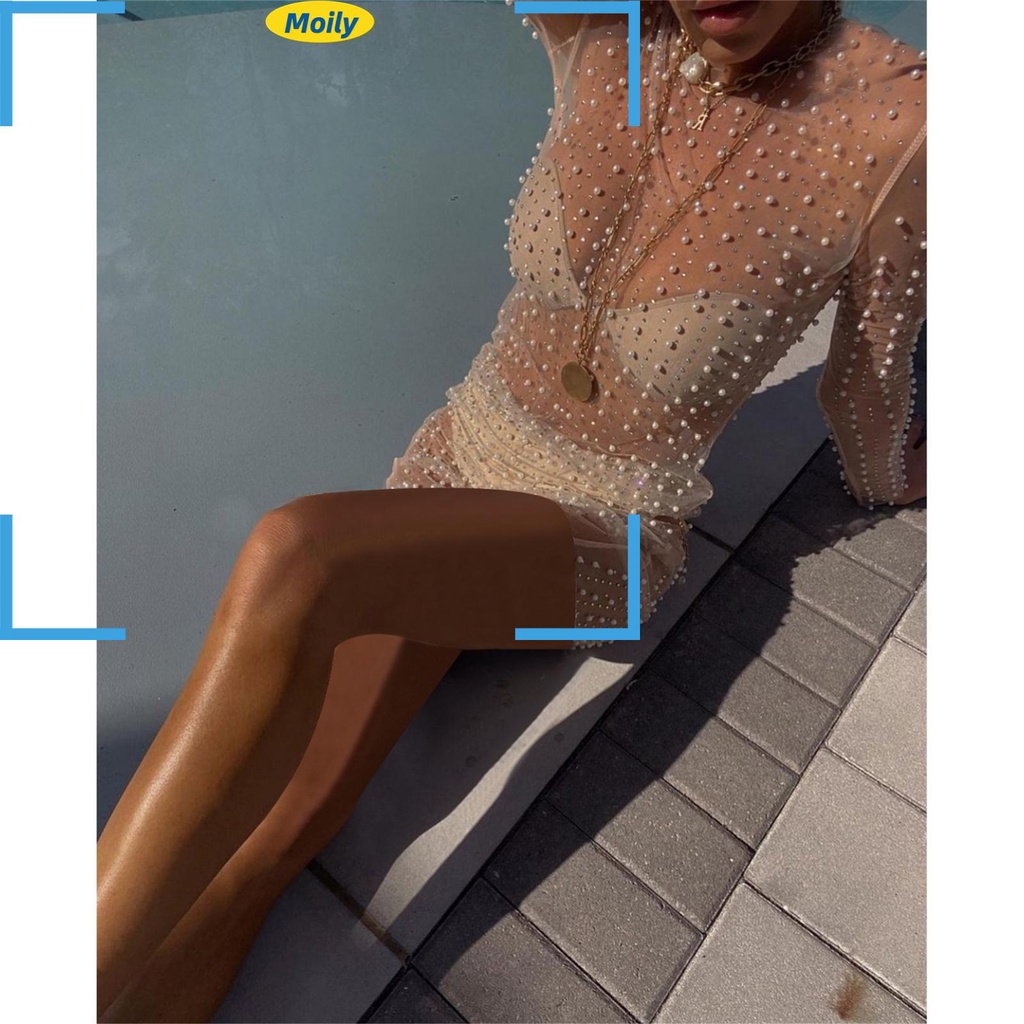 MOILYVN Đầm Mini Lưới Cổ Tròn Xuyên Thấu Đính Đá Che Phủ Quyến Rũ Cho Nữ