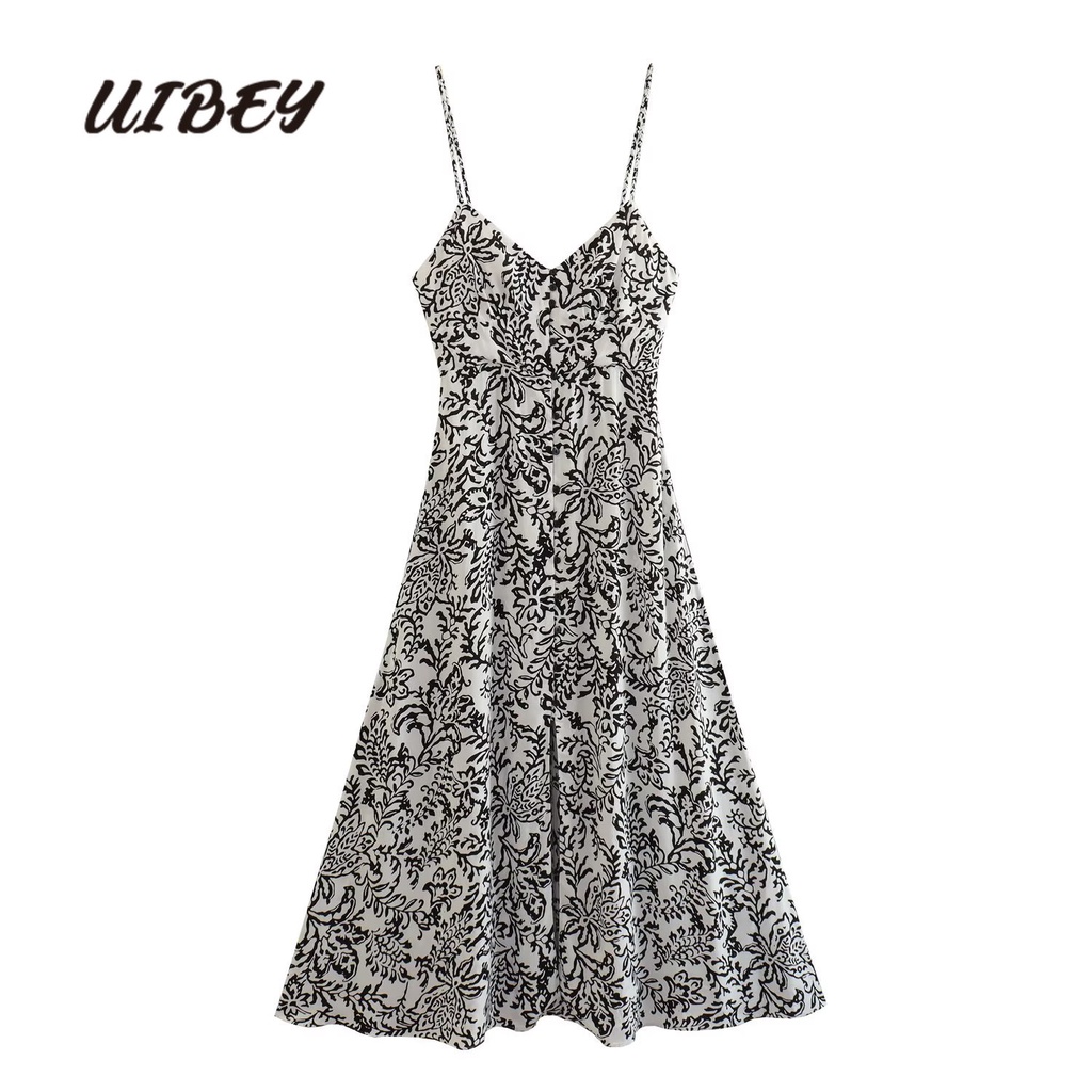 Uibey Đầm Cổ Chữ V Eo Cao Xẻ Tà In Họa Tiết Thời Trang 6407