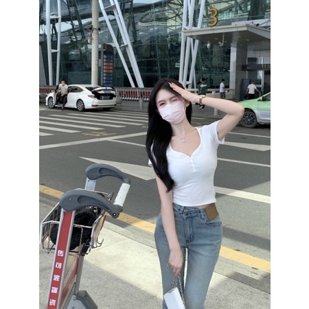 Áo Thun Cotton Cổ Vuông Dáng Ôm Phong Cách Hàn Quốc Thời Trang Cho Nữ