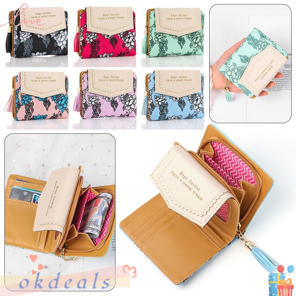 OKDEALS Ví Đựng Thẻ / Tiền Xu Có Khóa Kéo Phối Tua Rua Thời Trang Ốp