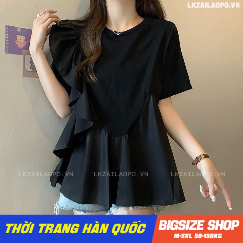 Áo thun nữ tay ngắn Bigsize Áo phông form rộng cổ tròn bánh bèo đen mùa hè Phong Cách hàn quốc đẹp Thanh Lịch cho nữ
