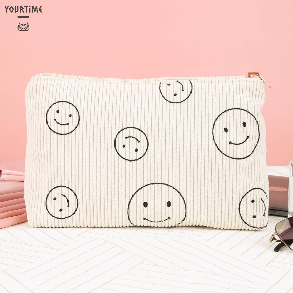 Túi Đựng Mỹ Phẩm Hai Mặt Bằng Vải Nhung Kẻ Dễ Thương Xinh Xắn