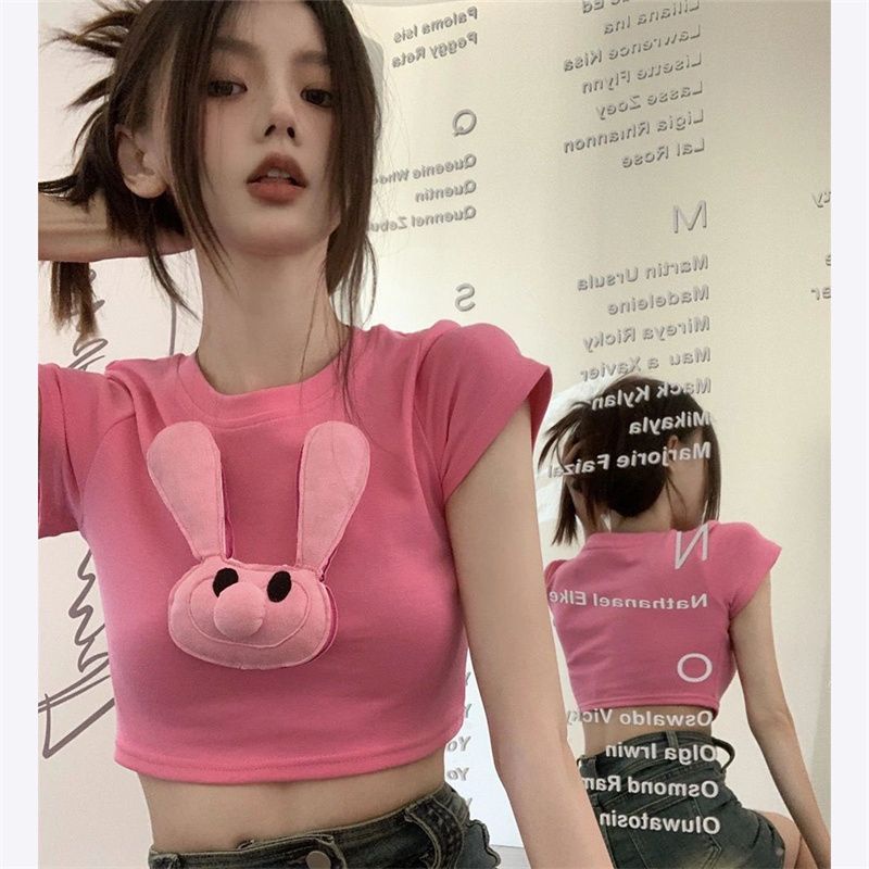 Áo Thun Tay Ngắn Dáng Rộng Chất Liệu Cotton In Hình Thỏ Màu Hồng Thời Trang Mùa Hè Cho Nữ
