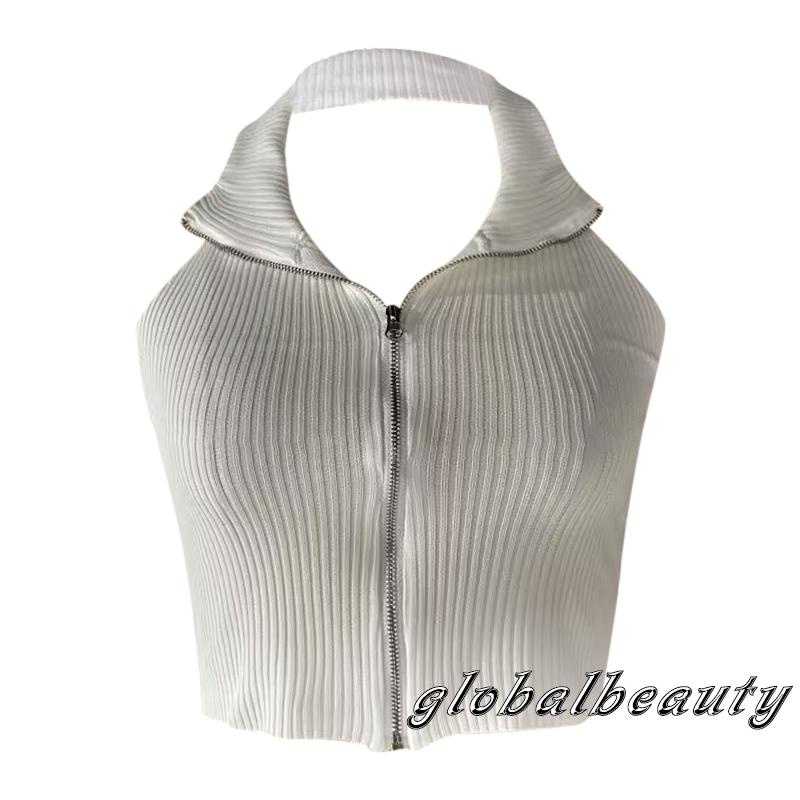 Áo Croptop Dệt Kim Sát Nách Màu Sắc Đơn Giản Phối Khóa Kéo Thời Trang Mùa Hè Cho Nữ