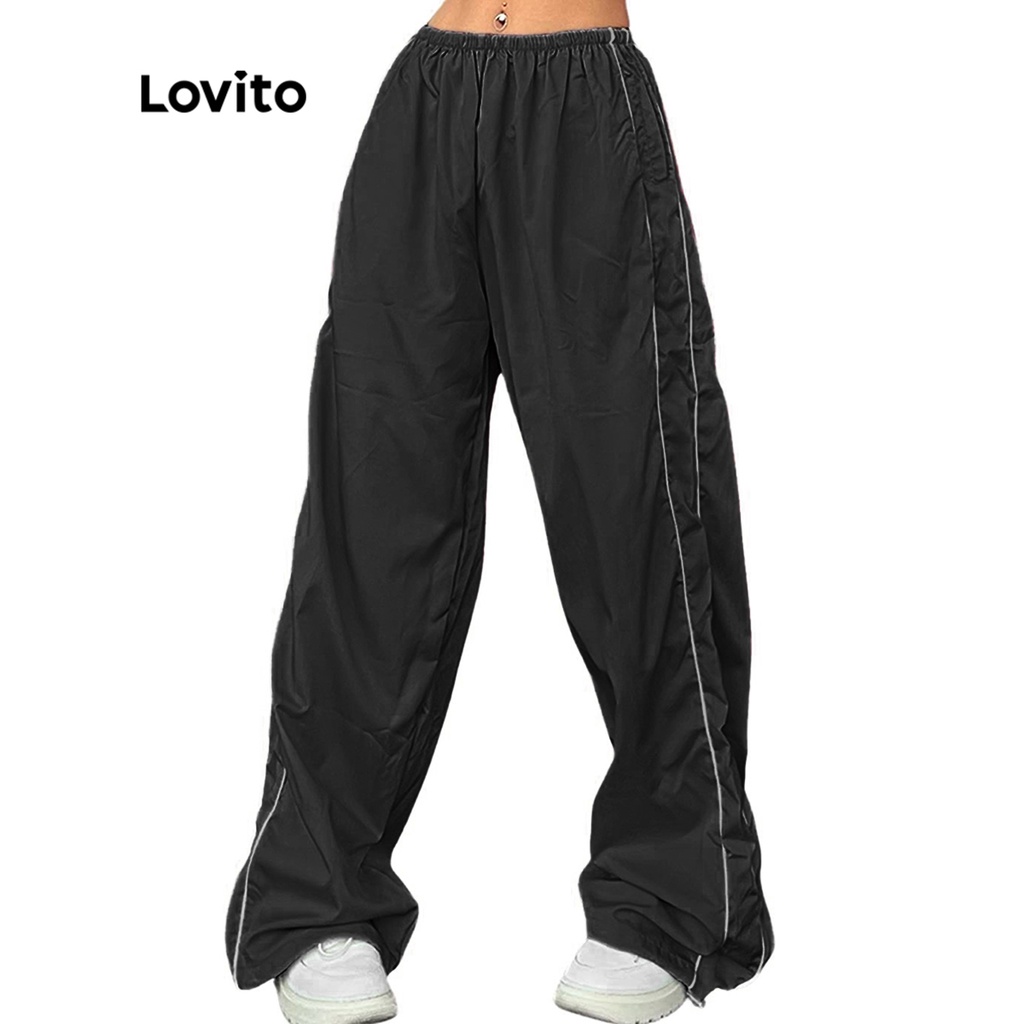 Lovito Quần ống côn cạp giữa trơn đơn giản tương phản cho nữ LNE09050 (Đen)