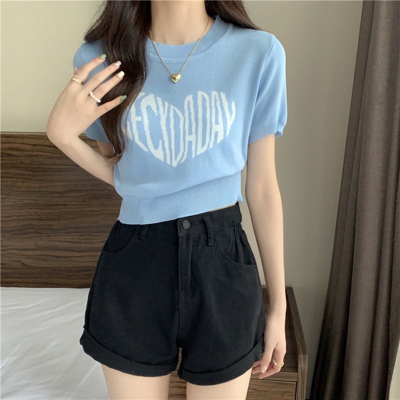 DIDIKA Áo Thun Croptop Dệt Kim Tay Ngắn In Chữ Thời Trang Mùa Hè Xinh Xắn Cho Nữ