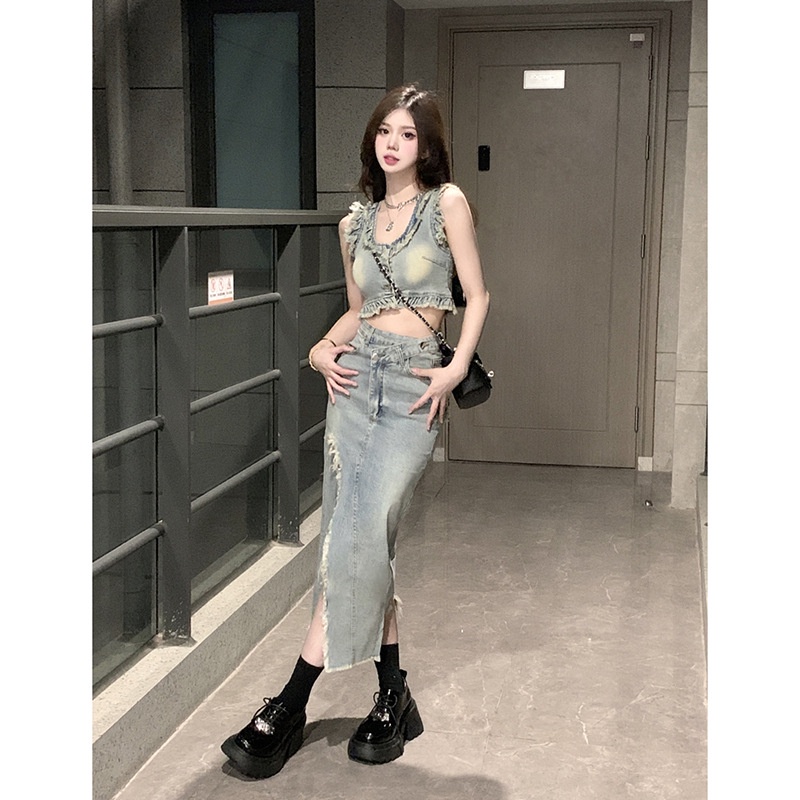 Set Áo Denim Sát Nách Phối Chân Váy Lưng Cao Xẻ Tà Thời Trang Mùa Hè Xinh Xắn Cho Nữ