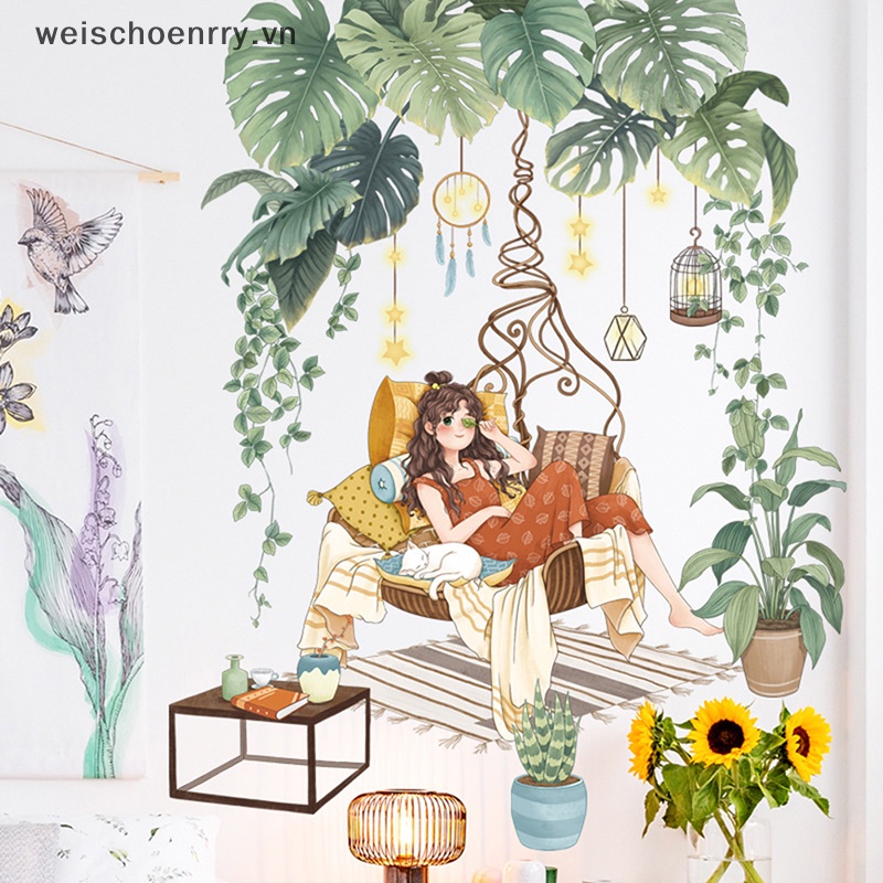 Giấy Dán Tường Bằng Vinyl Hình Cây Lá Nhiệt Đới Trang Trí Nhà Cửa
