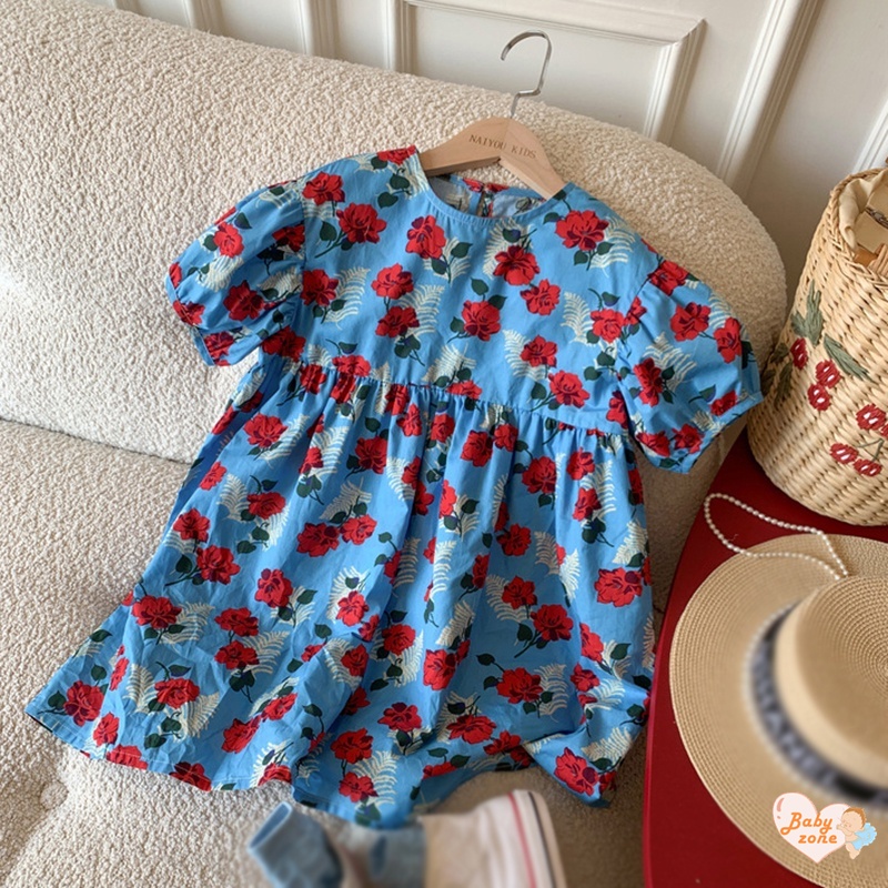Korean Summer Girls' Round Neck Bubble Sleeves Flower Print Dress Children Baby Girl Fashionable Sweet Princess Dress