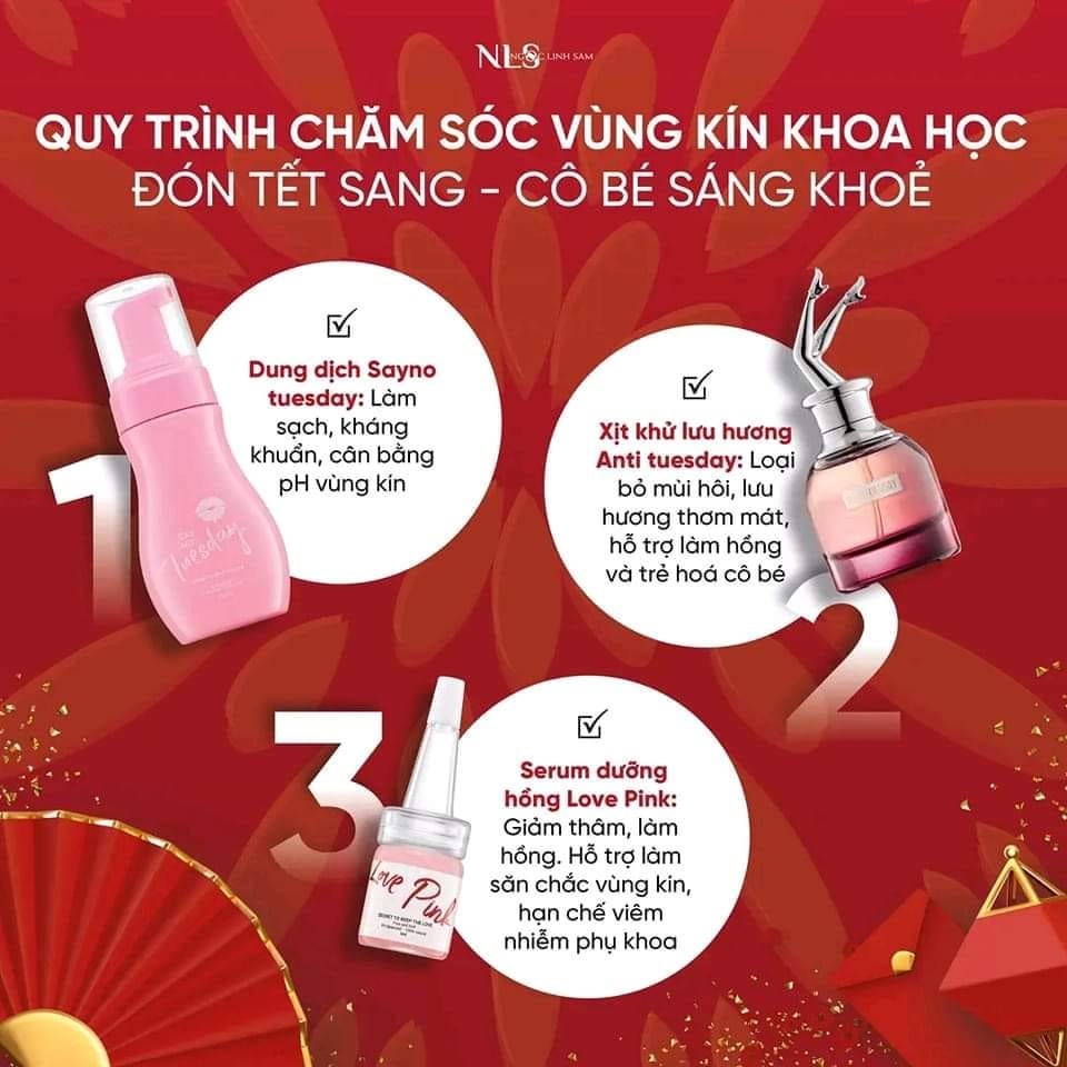 (Mới 2023) Combo Dung Dịch Vệ Sinh SAYNO TUESDAY & Nước Hoa Xịt, Serum dưỡng ANTI TUESDAY NLS Cho "Cô Bé" Thơm Hồng