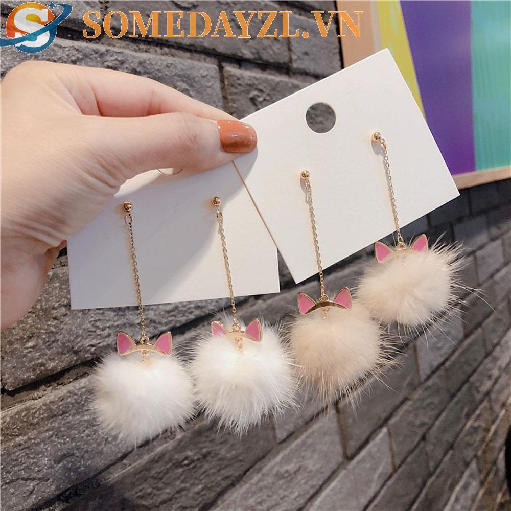 SOMEDAYZL Bông Tai Đính Bóng Lông Dễ Thương Phong Cách Hàn Quốc