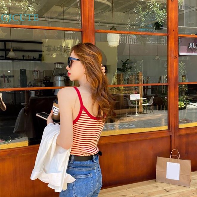 Áo Hai Dây Dệt Kim Mỏng Mùa Hè In Họa Tiết Sọc Cổ Điển Cho Nữ WTD