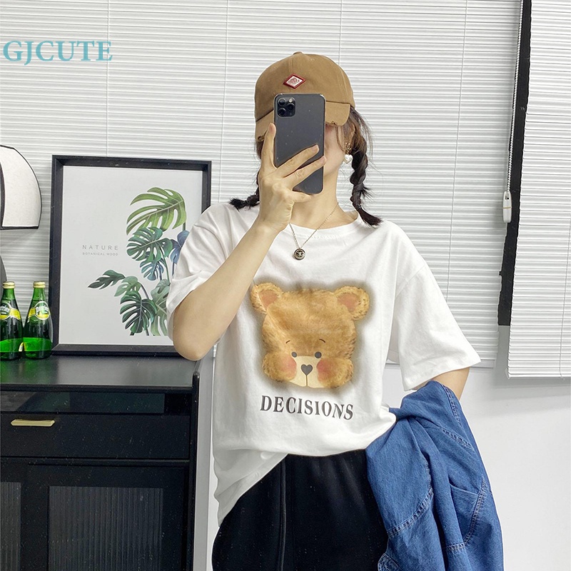 Áo Thun Tay Ngắn Cổ Tròn In Hình Gấu Hoạt Hình Dễ Thương Thời Trang Mùa Hè Cho Nữ
