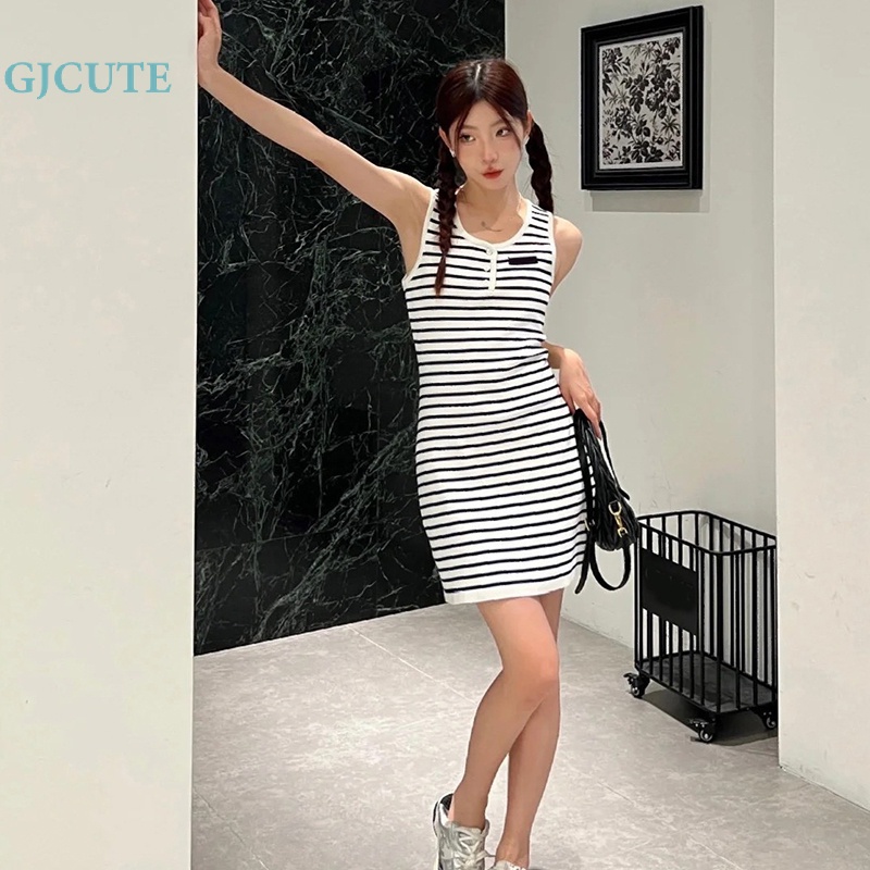 Đầm Ngắn Không Tay Cổ Tròn Họa Tiết Kẻ Sọc Thời Trang Mùa Hè Dễ Thương Cho Nữ