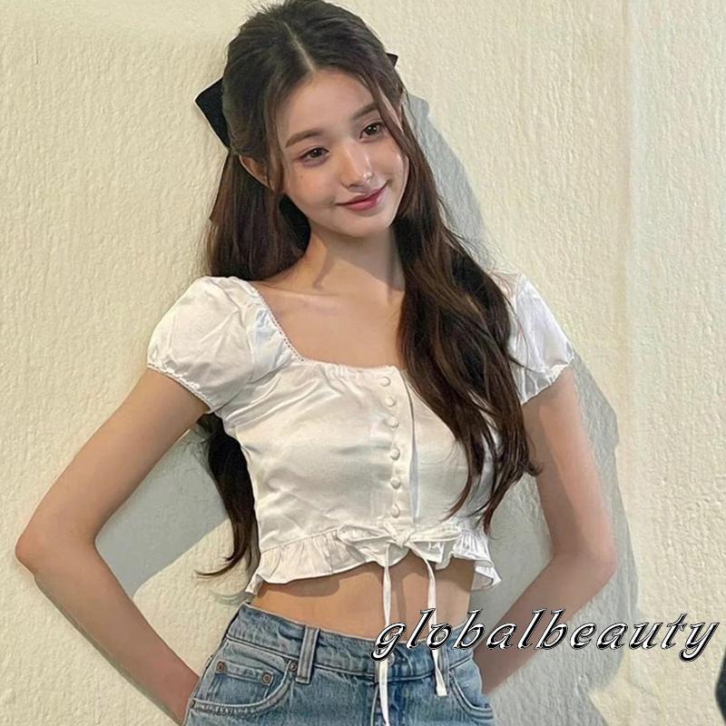 Áo Croptop Ngắn Tay Màu Sắc Đơn Giản Cho Nữ