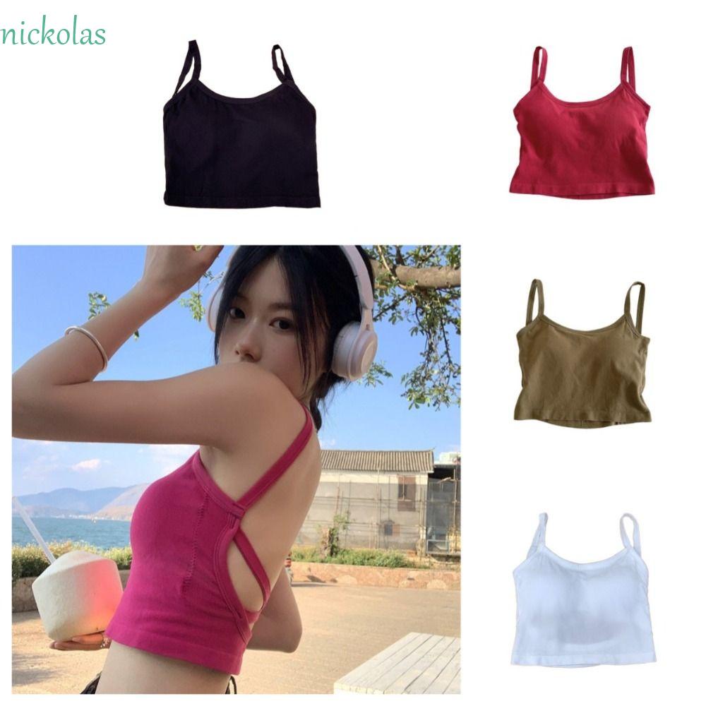 Nickolas Áo Croptop Dệt Kim Không Tay Hở Lưng Ngọt Ngào Kèm Miếng Đệm Lưng Phong Cách Hàn Quốc Đi Biển
