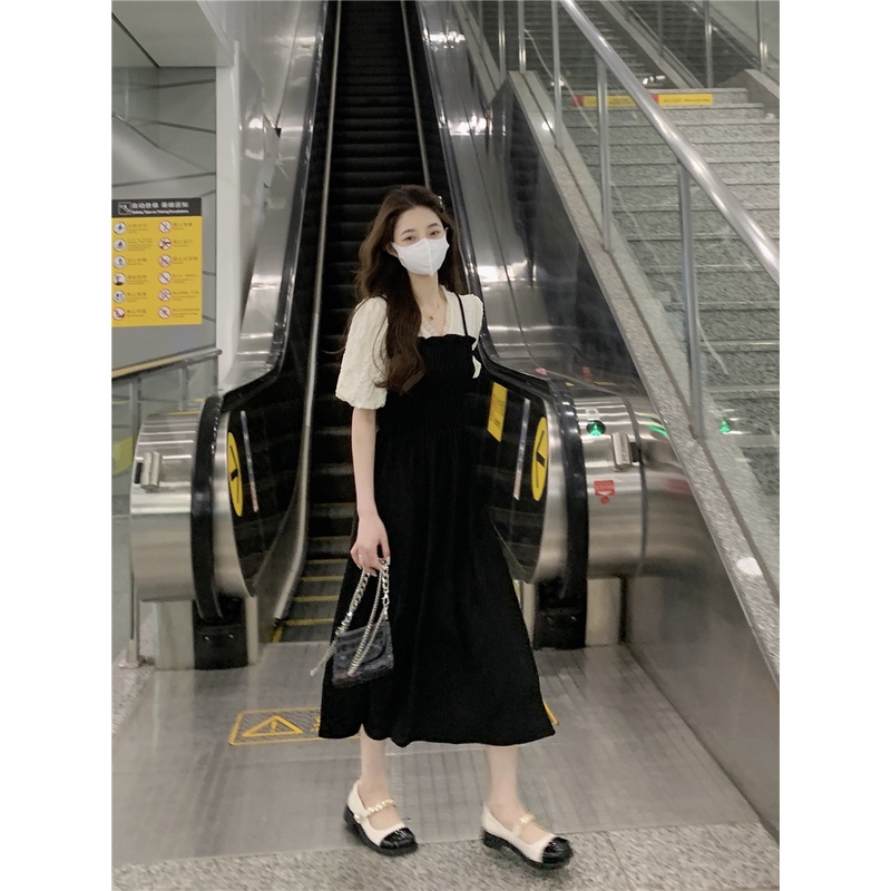 Đen Đầm midi Tay Phồng Phong Cách Pháp Thời Trang Mùa Hè Tinh Tế Cho Nữ