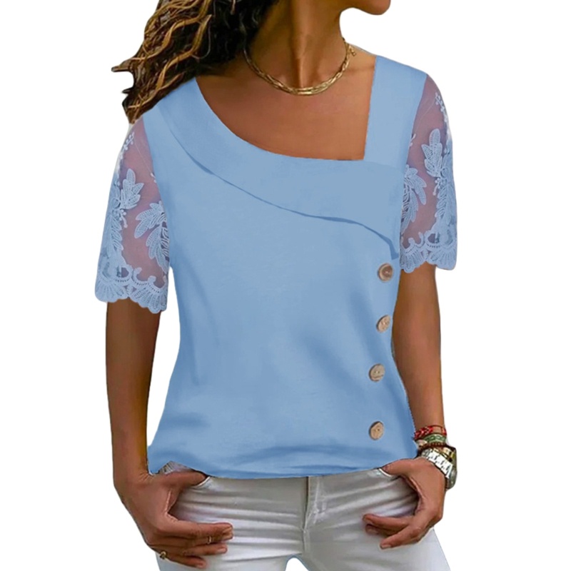 Áo Thun Tay Ngắn Cổ Chữ V Phối Ren Dáng Rộng Thời Trang Mùa Hè Cho Nữ