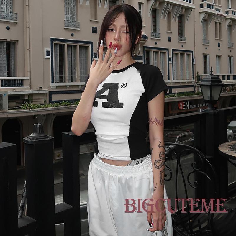 Áo Thun Tay Ngắn Cổ Tròn In Chữ Màu Sắc Tương Phản Thời Trang Mùa Hè Cho Nữ