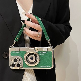 Creative and Personalized 3D Electroplated Camera Leather Hand Starp Phone Case Suitable for iPhone 15 Pro Max 11 14 13 12 Pro Max 14 Plus Shockproof Full Case