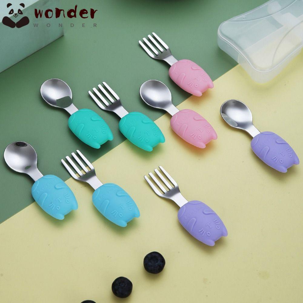 WONDER Bộ Muỗng Nĩa Bằng Thép Không Gỉ Hình Dấu Chân Mèo Hoạt Hình Dành Cho Em Bé