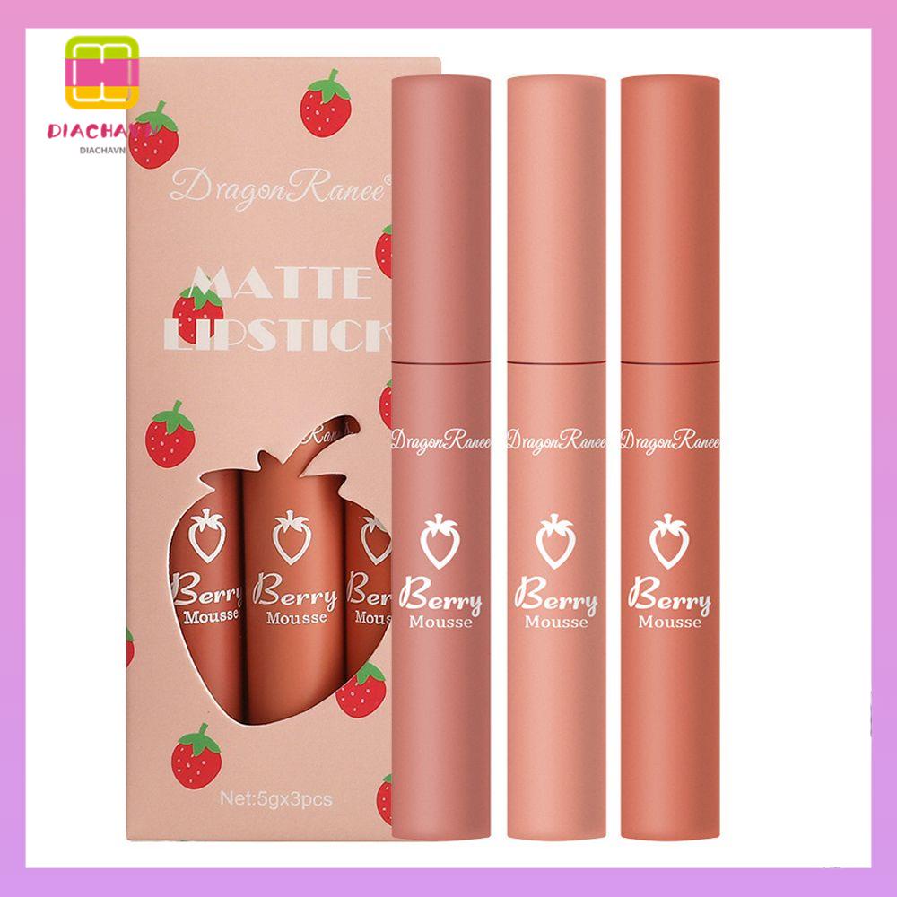 DIACHAVN Set 3 Son Môi Chống Thấm Nước Họa Tiết Dâu Tây Thời Trang
