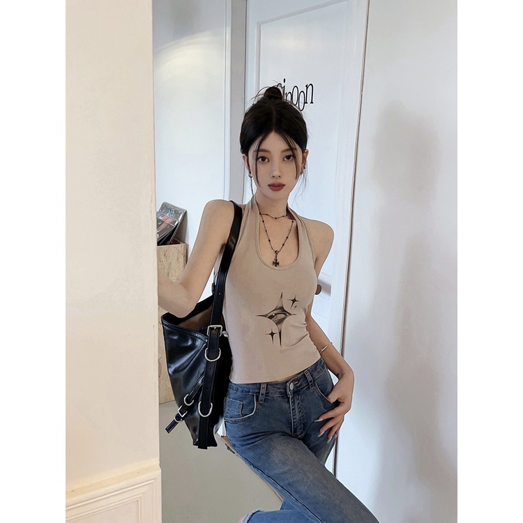 Áo Hai Dây Dáng Ngắn Form Ôm In Họa Tiết Phong Cách Cổ Điển Thời Trang Mùa Hè